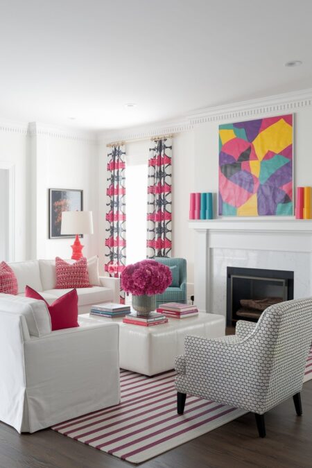 white living room with fireplace, vibrant artwork, striped area rug, and pink throw pillows