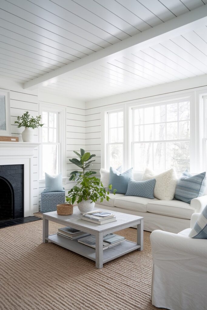 white living room with shiplap walls, fireplace, jute rug, and blue throw pillows