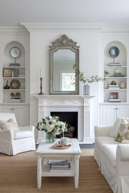 white living room with vintage decor and distressed white coffee table