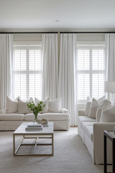 white living room with white window treatments