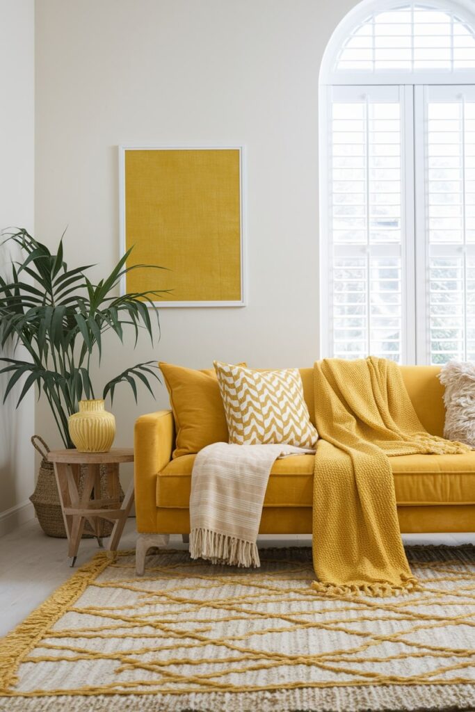 white living room with yellow couch, wall art print, and layered textiles