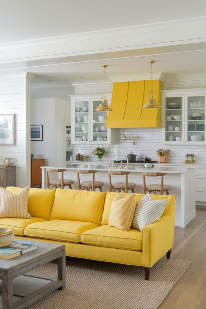 white open concept living room with sunshine yellow couch and kitchen range hood