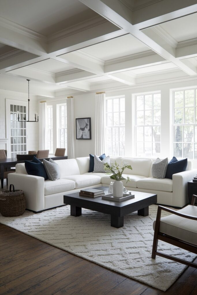 white open space living room has rich wood floor, white sectional sofa with navy throw pillows