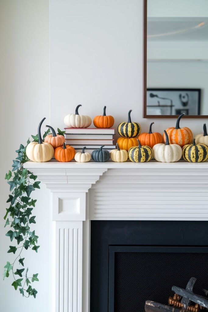 white, orange, yellow, and striped mini pumpkins (some on books), trailing ivy as Thanksgiving mantel decor