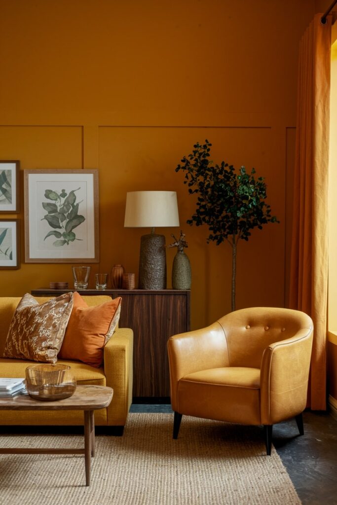 yellow living room with amber yellow furniture