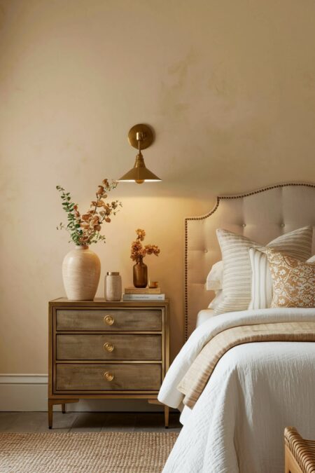 bedroom has cream wall with subtle golden undertones, brass fixtures, and golden accents on the nightstand