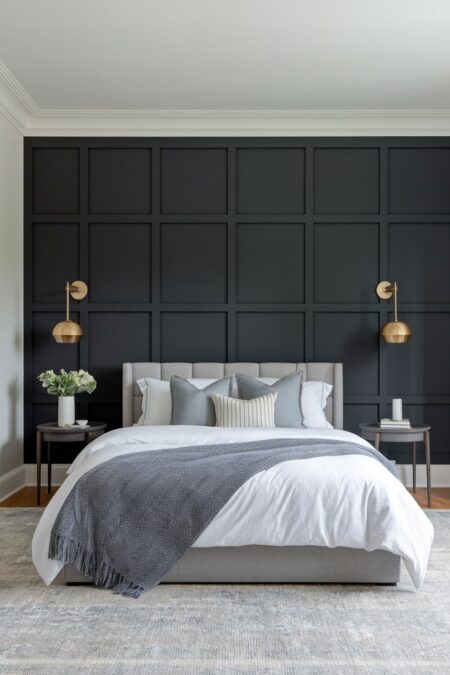 bedroom with charcoal gray accent wall with board and batten behind light gray bed