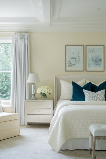 bedroom with cool cream walls, silver table lamp and curtain rod, accent navy blue pillows