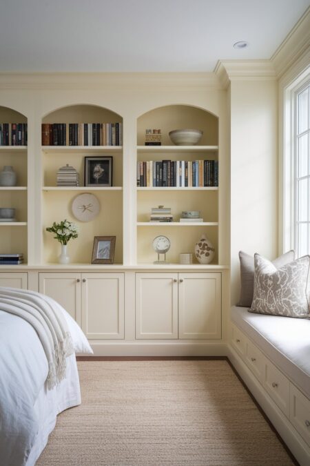 bedroom with cream custom built-in storage and window seat