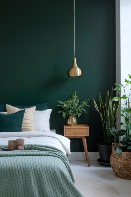 bedroom with dark green accent wall behind bed, brass lighting fixture, wood bedside table