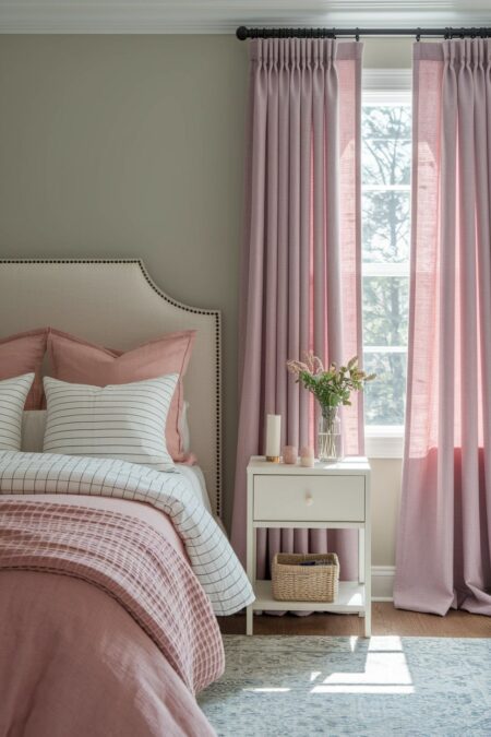 bedroom with gray walls, pink bedding, and pastel pink curtains
