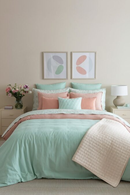 bedroom with light walls, pastel mint green and muted peach bedding