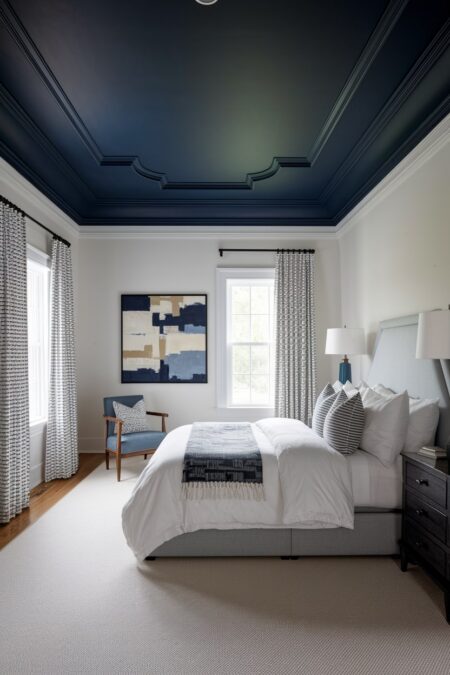 bedroom with navy blue ceiling and white walls