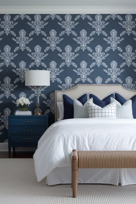 bedroom with navy blue pattern wallpaper