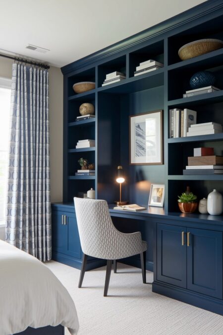 bedroom with navy blue study corner or work area with task lighting