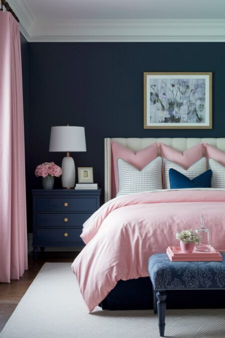 bedroom with navy blue walls, bench, and bed, cream headboard, pink bedding and curtains