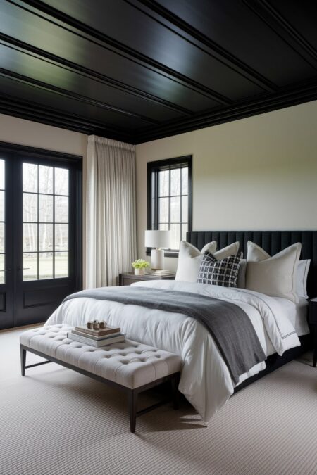 bedroom with pale walls, black ceiling, dark furniture and black windows