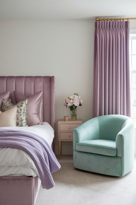 bedroom with pastel dusty rose velvet bed and curtains, mint green armchair