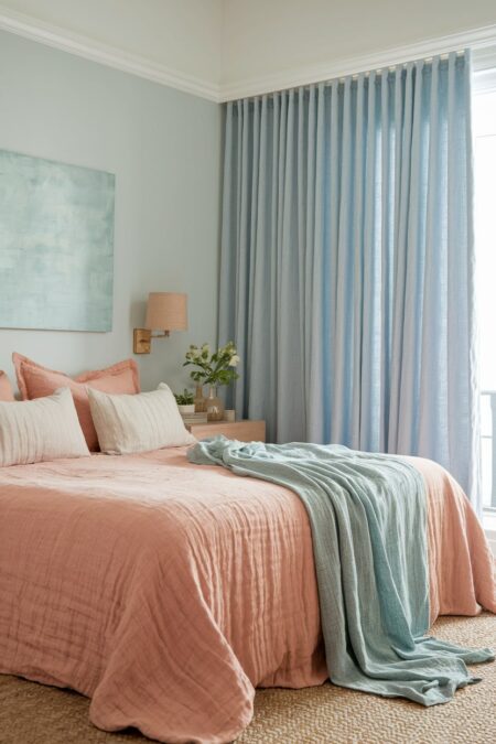 bedroom with pastel peach and blue washed linen bedding and curtains