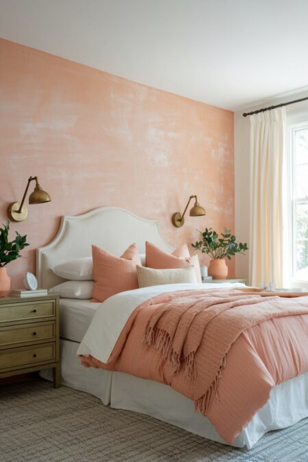 bedroom with pastel peachy tone accent wall and bedding, brass sconces