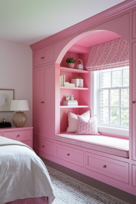 bedroom with pink built-ins and window seat