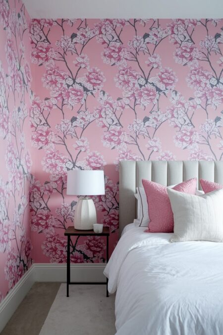 bedroom with pink floral wallpaper and solid white bedding