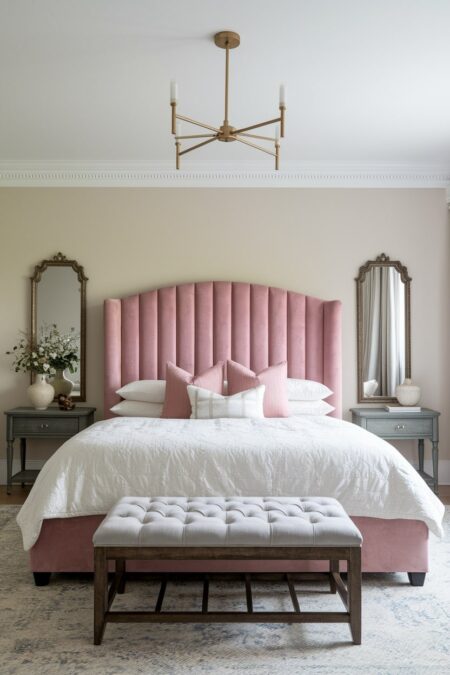 bedroom with plush pastel dusty rose headboard and accent pillows, white bedding