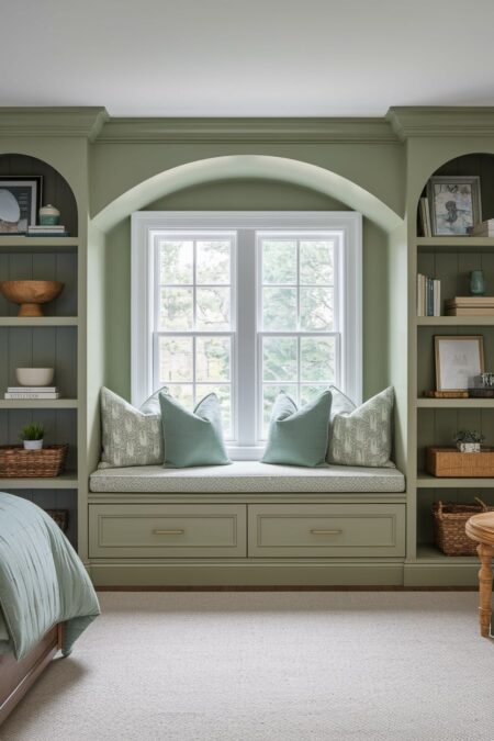bedroom with sage green built-in shelving and window seat