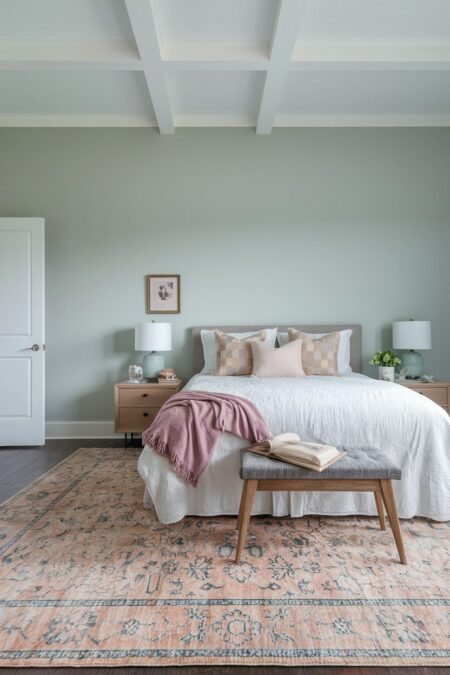 bedroom with sage green walls and vintage style Persian rug in faded pastel peach tones