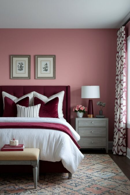 bedroom with soft pink walls has burgundy accents in throw pillows, table lamp, and curtains