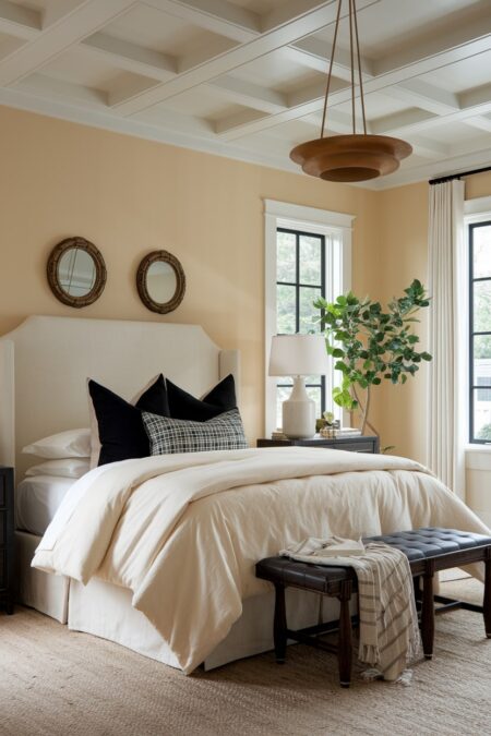 bedroom with vanilla walls, black accent pillows and bench