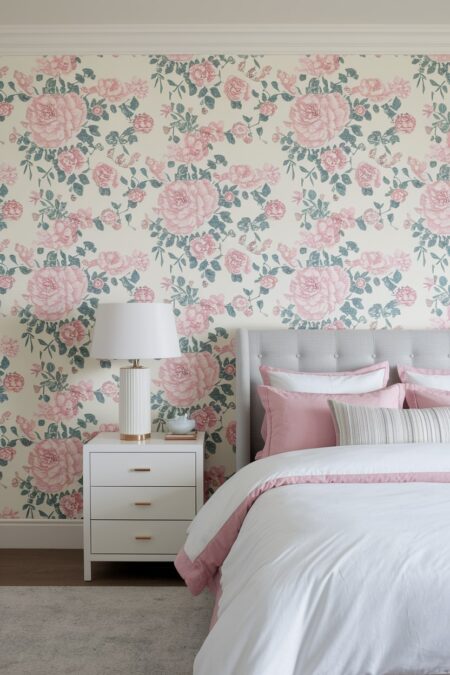 bedroom with vintage-inspired pastel floral wallpaper with faded peonies