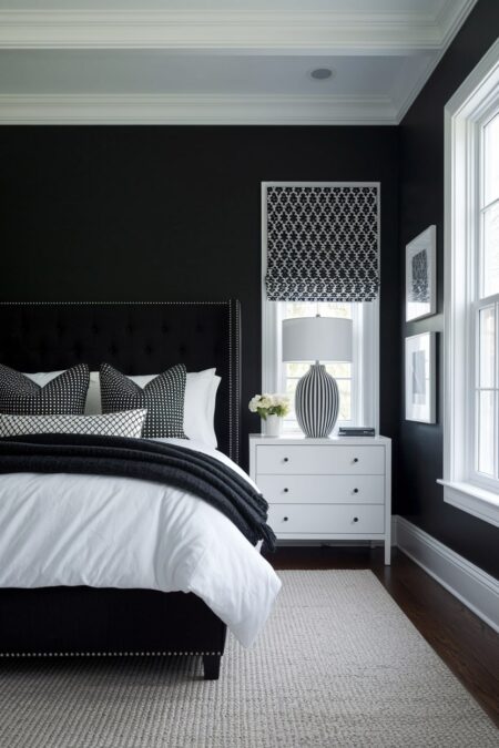 black bedroom with white bedding and nightstand, black throw blanket, black and white geometric patterns