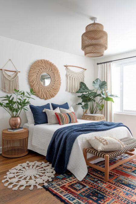 bohemian bedroom with navy blue blanket and pillows