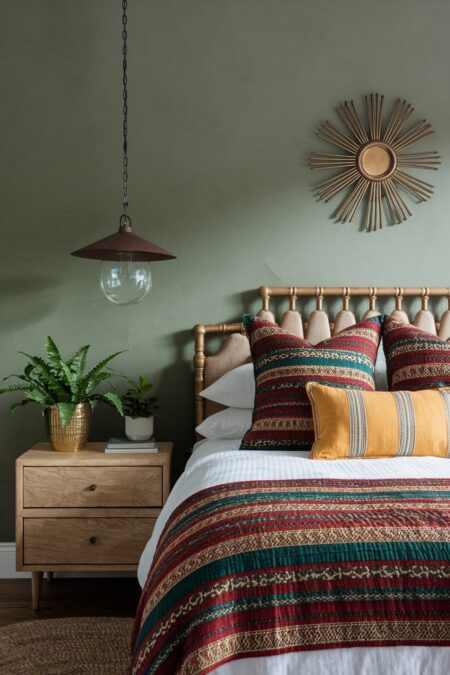 bohemian bedroom with sage green wall behind the bed, various patterns and textures