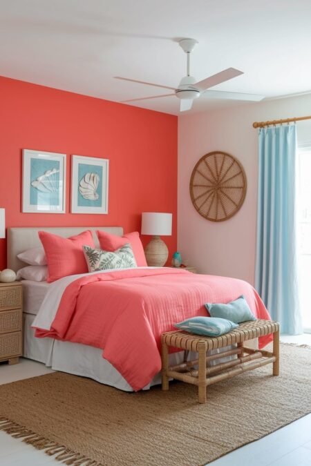 coastal-inspired coral bedroom with orange-toned pink walls and bedding, rattan, and light blue accents