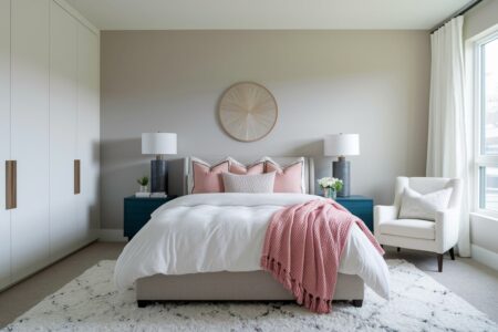 contemporary feminine bedroom with pale gray walls, white built-in wardrobe, and pink throws