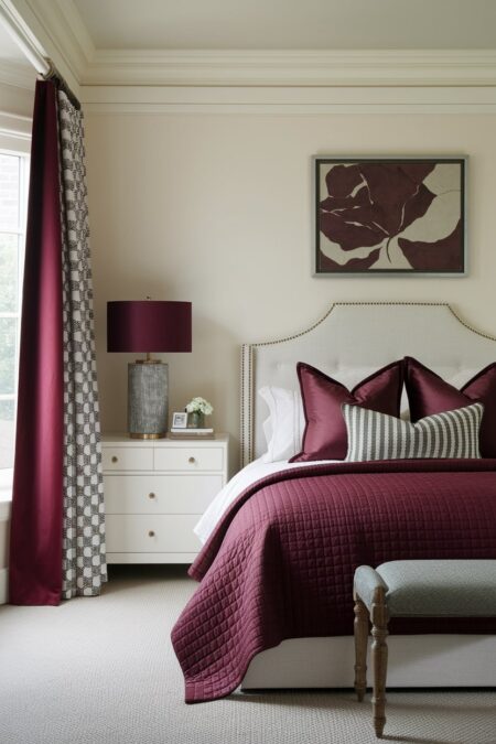 cream bedroom with burgundy bedding, curtains, lampshade, and artwork