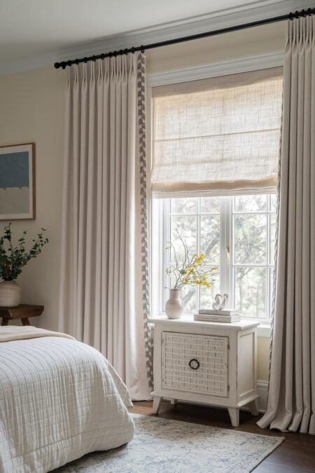 cream bedroom with cream curtains and linen Roman shades