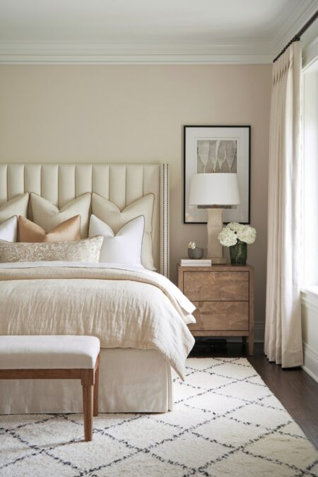 cream bedroom with layered cream bedding in varying tones and textures