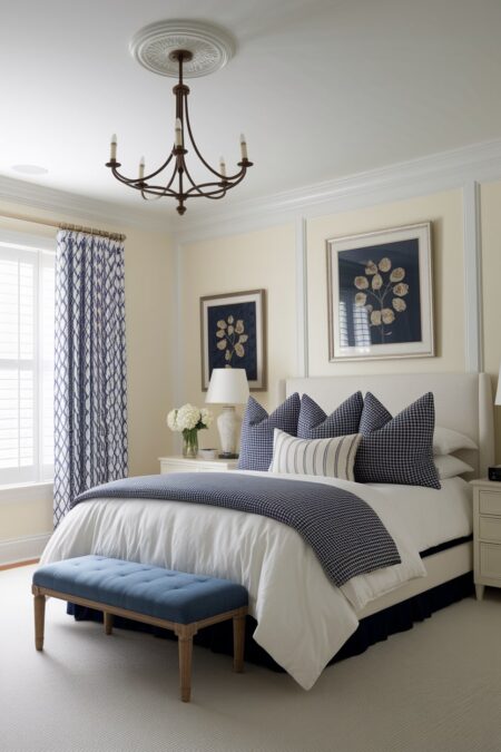 cream bedroom with navy blue accents in bedding and artwork