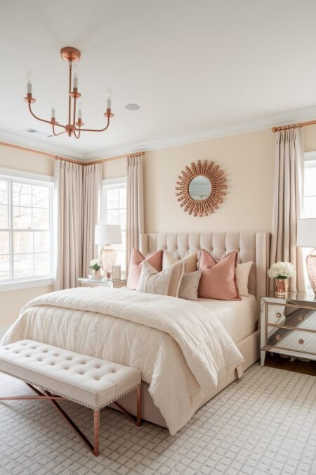 cream bedroom with rose gold chandelier, mirror frame, curtain rods, and decorative accessories