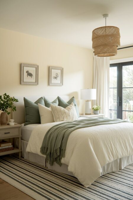 cream bedroom with sage green accent pillows and throw blanket