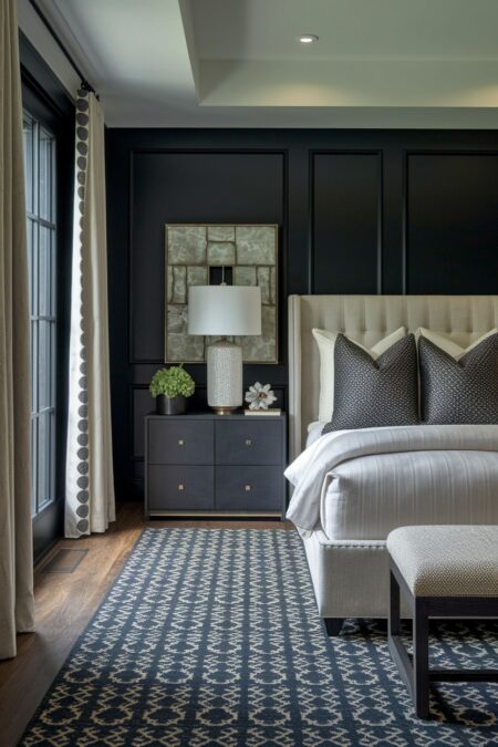 dark bedroom has black walls with moldings and patterned area rug