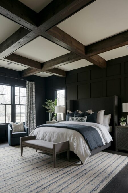 dark bedroom with black walls, board and batten, gray headboard, and exposed ceiling beams