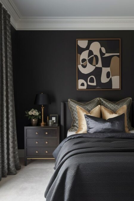 dark bedroom with charcoal walls, gold accents in picture frame and textiles
