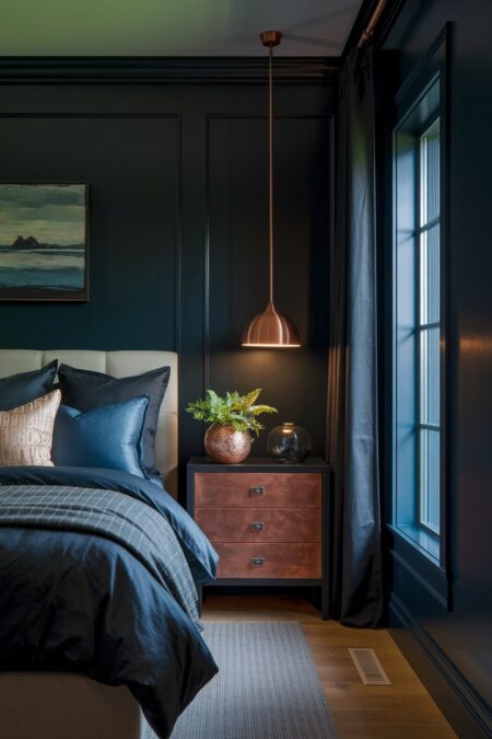 dark bedroom with copper pendant light, deep blue walls and bedding
