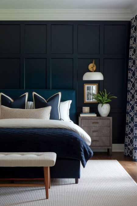 dark bedroom with deep navy blue walls and bench with wooden legs