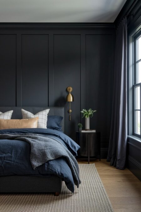 dark masculine bedroom with navy blue bedding, charcoal gray walls, brass wall sconce, and neutral rug