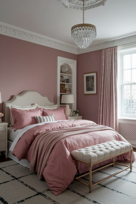 dusty rose bedroom with vintage charm, muted pink bedding, and crystal chandelier